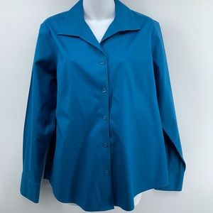 Chico’s women’s long sleeve teal button down shirt size 2 regular size large 12